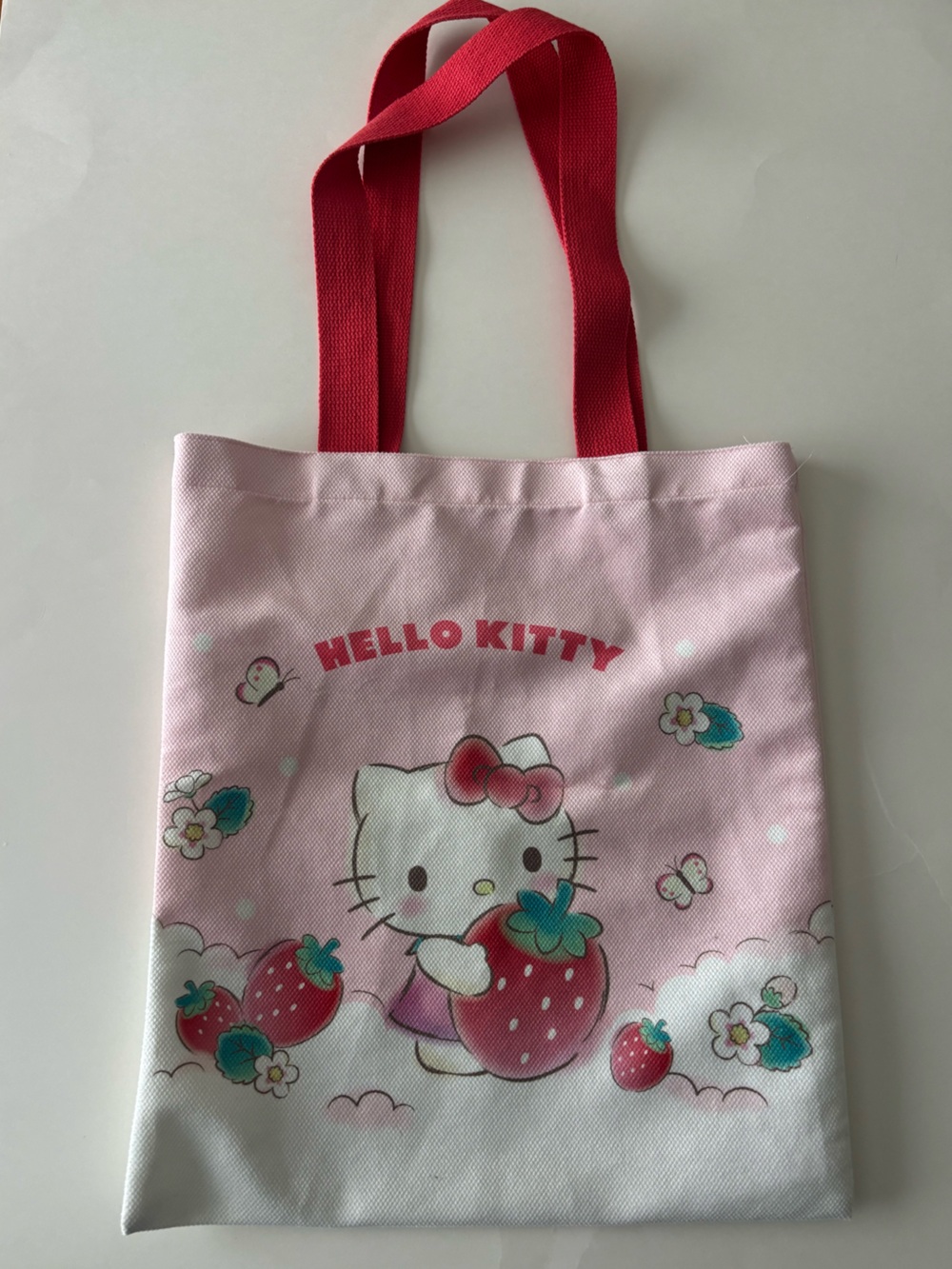NWOT Miniso Hello Kitty Pink Tote with Red Handles and Strawberry Print